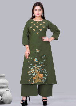 Surili Green Flax Cotton Embroidered Kurta for Women