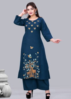 Surili Women’s Navy Blue Flax Cotton Embroidery Work Kurta