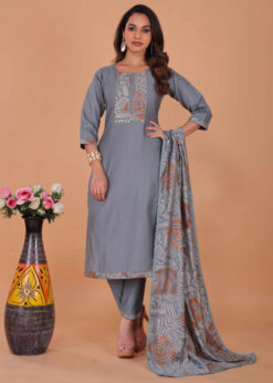 Grey Printed Kurti Set with Dupatta