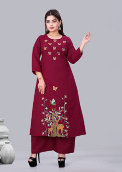 Surili Women’s Maroon Flax Cotton Embroidered Kurta Straight Fit Ethnic Wear for Daily & Festive Use