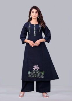 Alternative view of Surili Navy Blue Flax Cotton Embroidered Kurta with Palazzo for Womenand Festive Wear