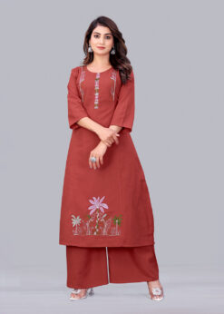 Surili Orange Flax Cotton Embroidered Kurta Palazzo Set for Women Daily Wear Set