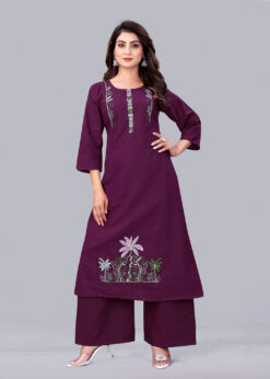 Alternative view of Surili Wine Flax Cotton Embroidered Kurta Palazzo Set for Women Elegant Ethnic and Daily Wear Set