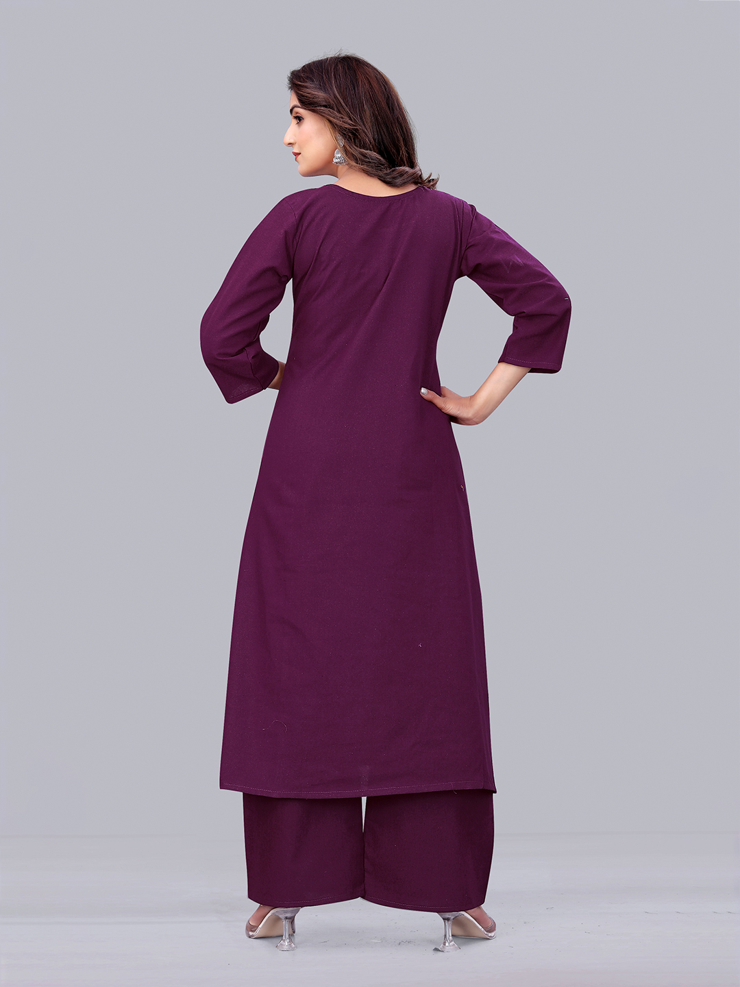 Surili Wine Flax Cotton Embroidered Kurta Palazzo Set for Women Elegant Ethnic and Daily Wear Set - Image 3
