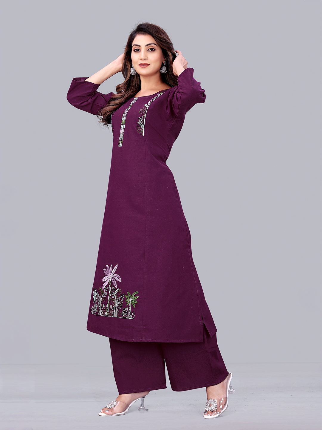 Surili Wine Flax Cotton Embroidered Kurta Palazzo Set for Women Elegant Ethnic and Daily Wear Set - Image 4