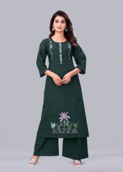 Surili Green Flax Cotton Embroidered Kurta Palazzo Set for Women Comfortable Ethnic and Daily Wear Set