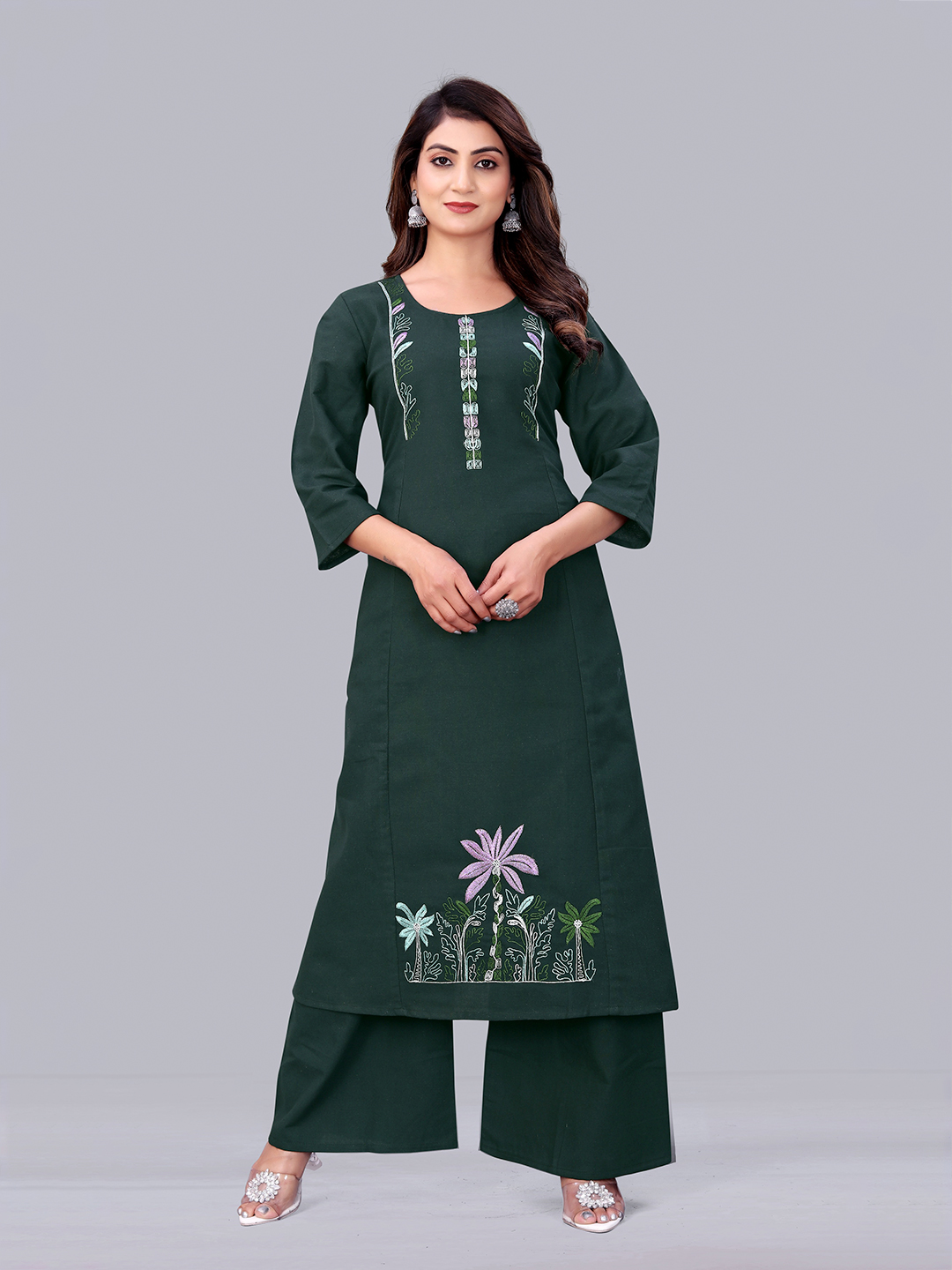 Surili Green Flax Cotton Embroidered Kurta Palazzo Set for Women Comfortable Ethnic and Daily Wear Set