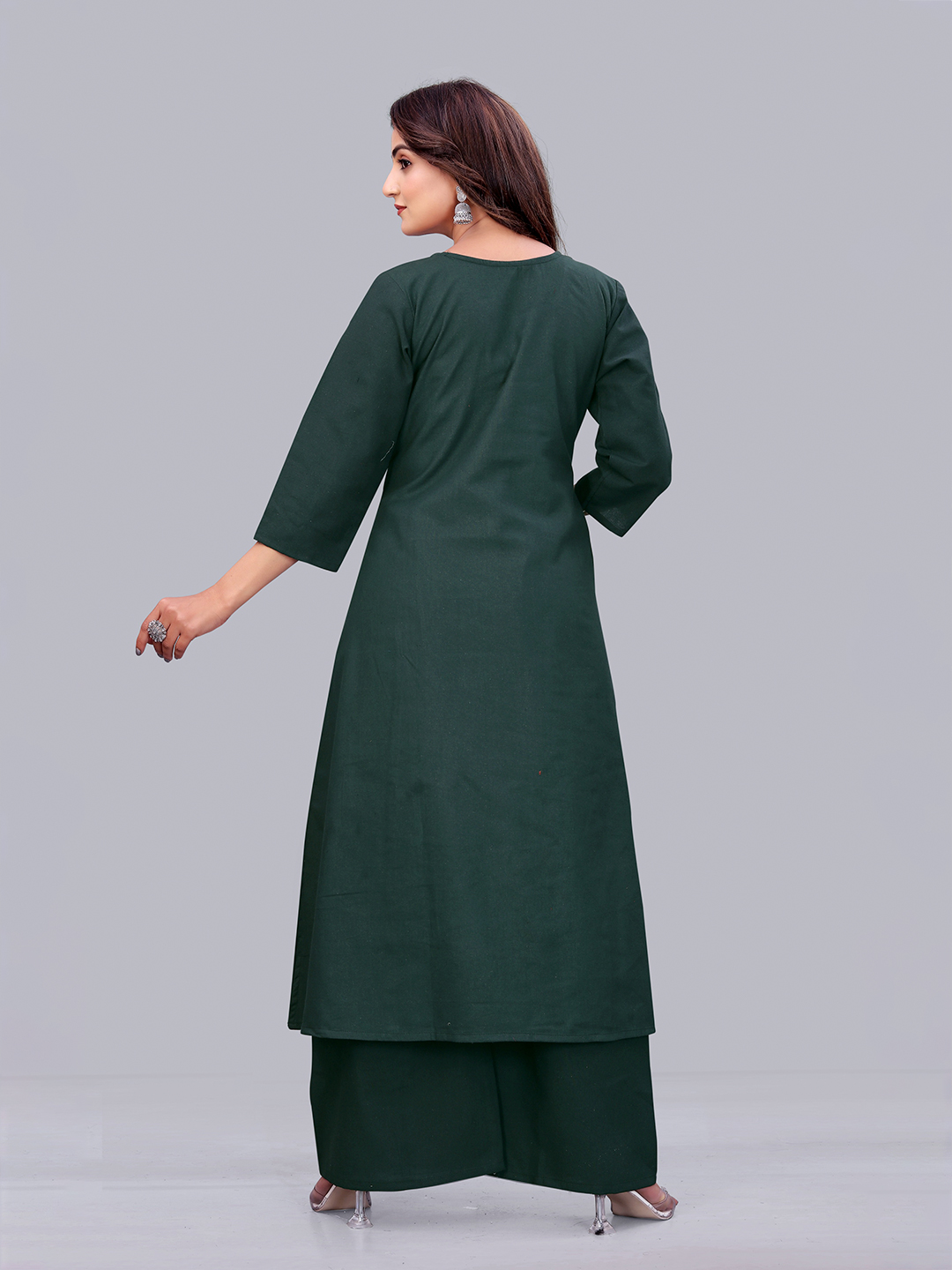 Surili Green Flax Cotton Embroidered Kurta Palazzo Set for Women Comfortable Ethnic and Daily Wear Set - Image 3