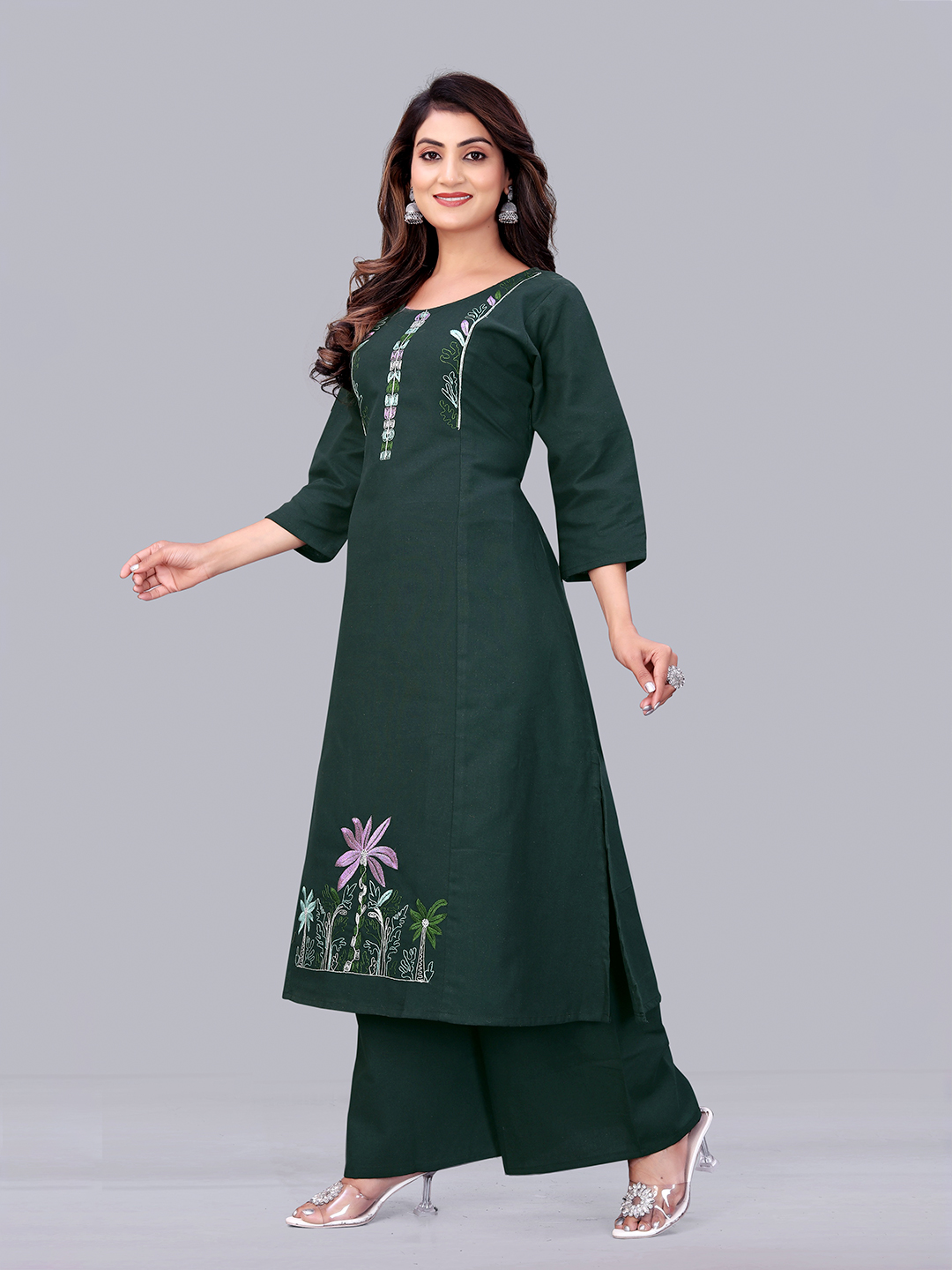 Surili Green Flax Cotton Embroidered Kurta Palazzo Set for Women Comfortable Ethnic and Daily Wear Set - Image 4