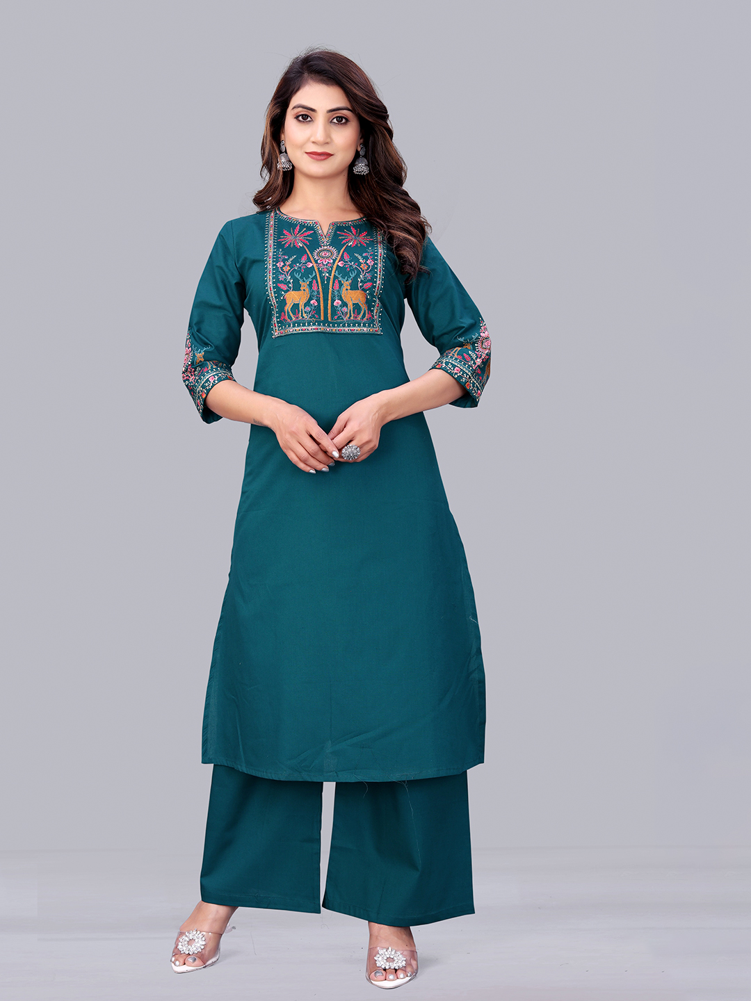 Surili Turquoise Dabu Cotton Embroidered Kurta for Women Office Wear and Festive Occasions - Image 2