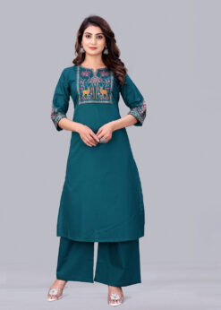 Surili Turquoise Dabu Cotton Embroidered Kurta for Women Office Wear and Festive Occasions