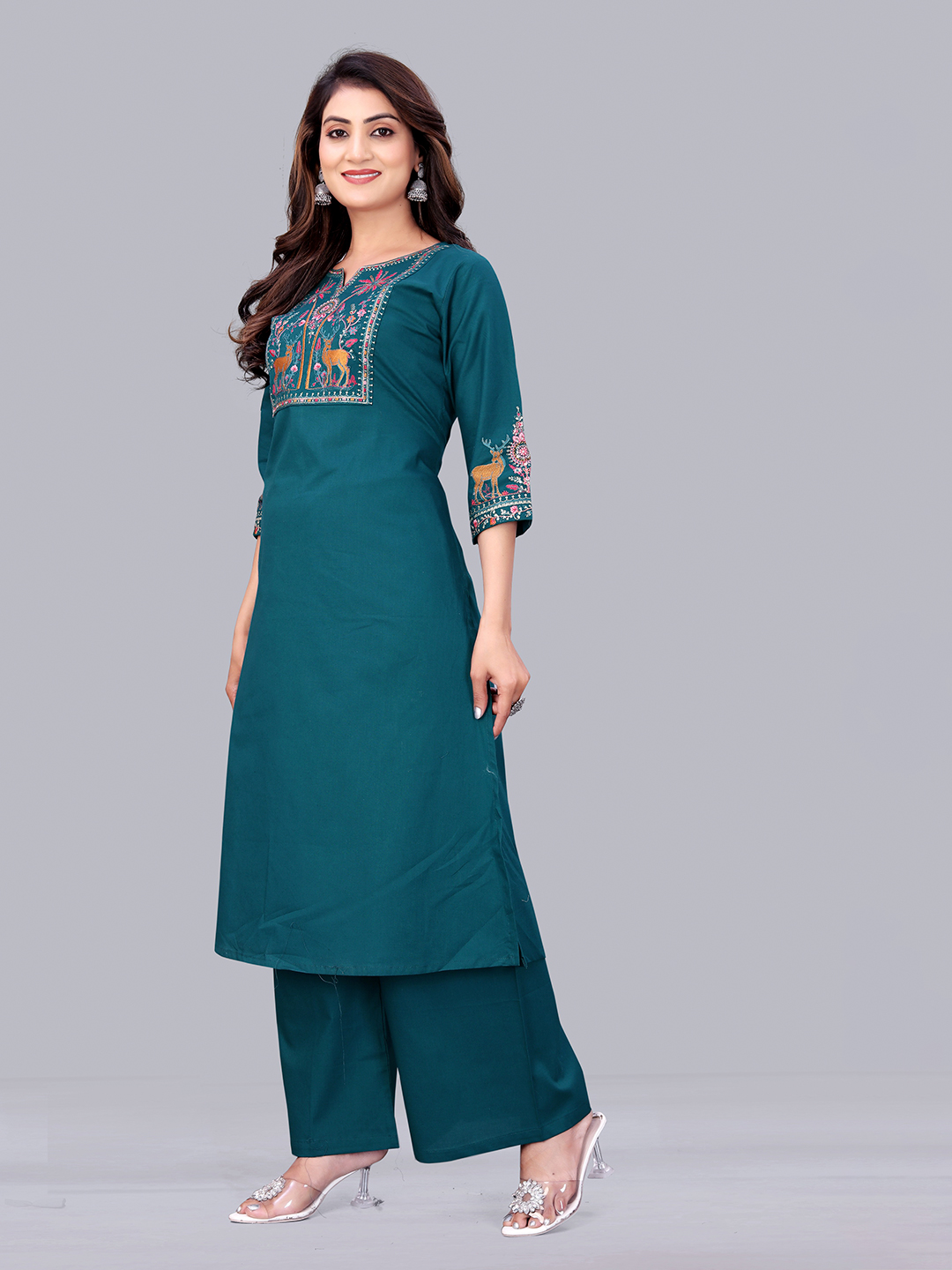 Surili Turquoise Dabu Cotton Embroidered Kurta for Women Office Wear and Festive Occasions - Image 3