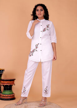 Surili Women's White Cotton Embroidery Co-Ord Set