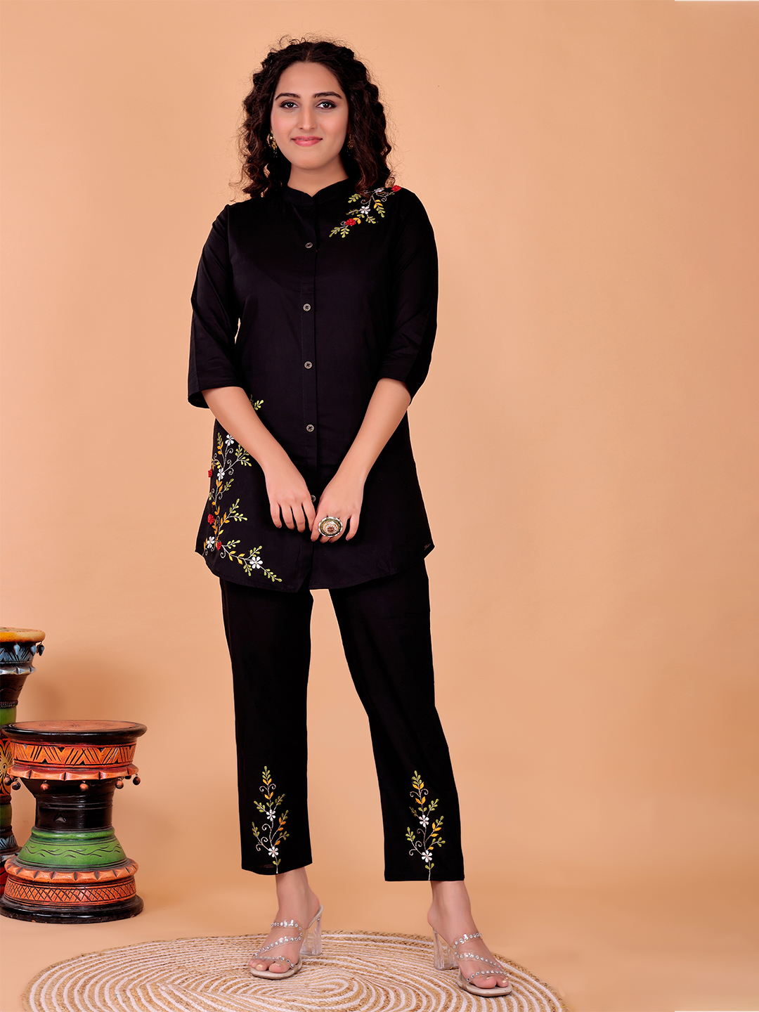 Surili Women's Black Cotton Embroidery Co-Ord Set