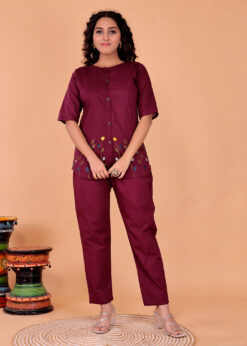 Alternative view of Surili Women's Maroon Cotton Embroidery  Co-Ord Set