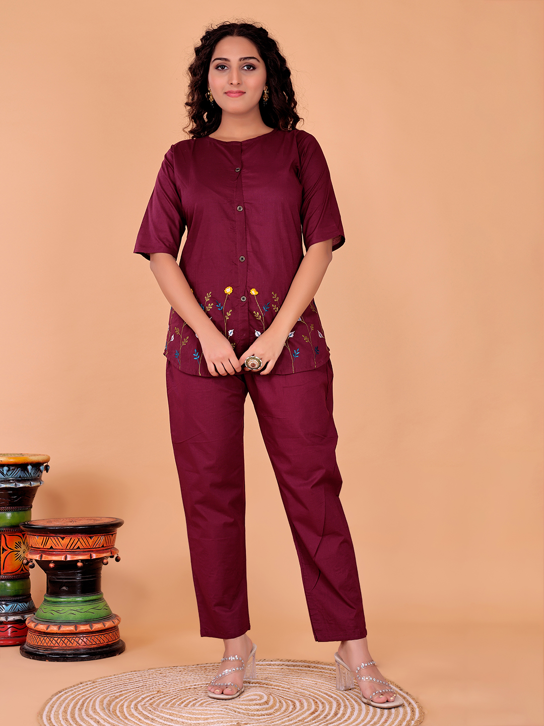 Surili Women's Maroon Cotton Embroidery Co-Ord Set