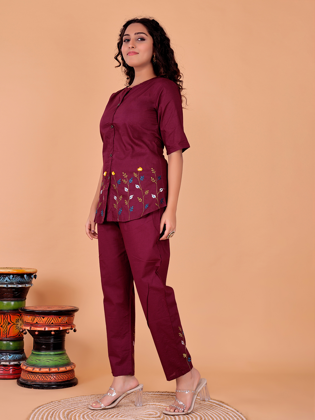 Surili Women's Maroon Cotton Embroidery Co-Ord Set - Image 4