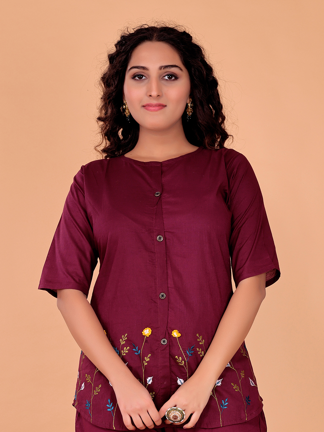 Surili Women's Maroon Cotton Embroidery Co-Ord Set - Image 5