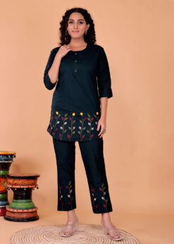 Surili Women's Navy Blue Cotton Embroidery Co-Ord Set