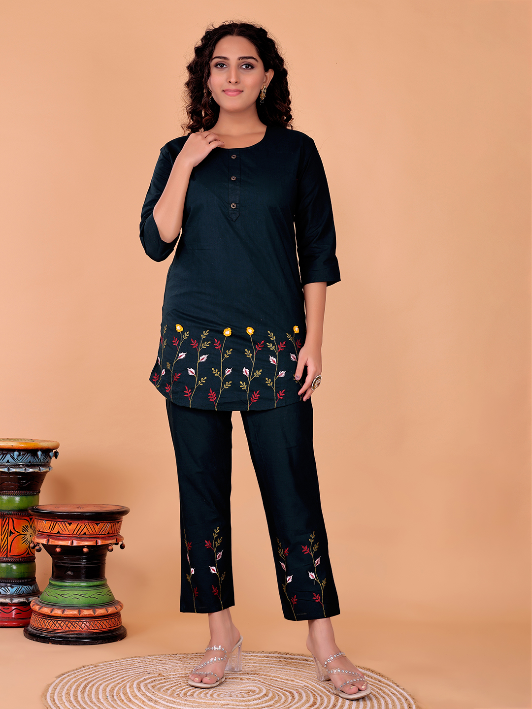 Surili Women's Navy Blue Cotton Embroidery Co-Ord Set