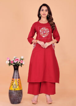 Surili Red Dabu Cotton Embroidered Kurta Palazzo Set for Women Traditional Ethnic and Daily Wear Set