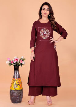 Surili Maroon Dabu Cotton Embroidered Kurta Palazzo Set for Women Traditional Ethnic and Daily Wear Set