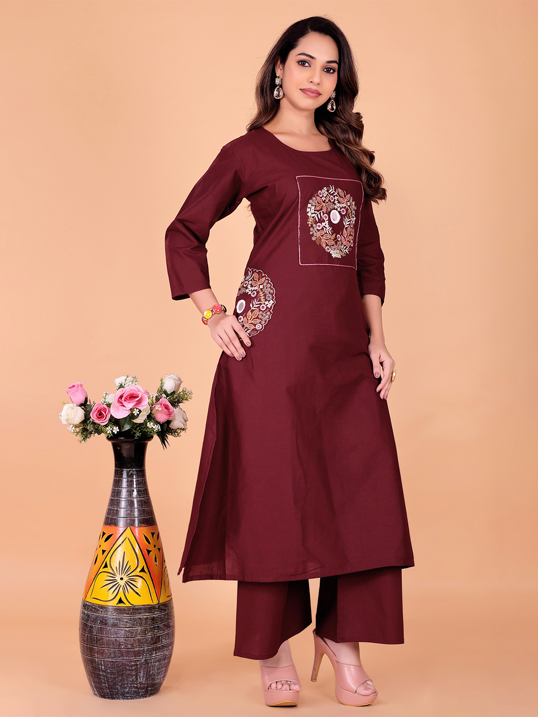 Surili Maroon Dabu Cotton Embroidered Kurta Palazzo Set for Women Traditional Ethnic and Daily Wear Set - Image 5