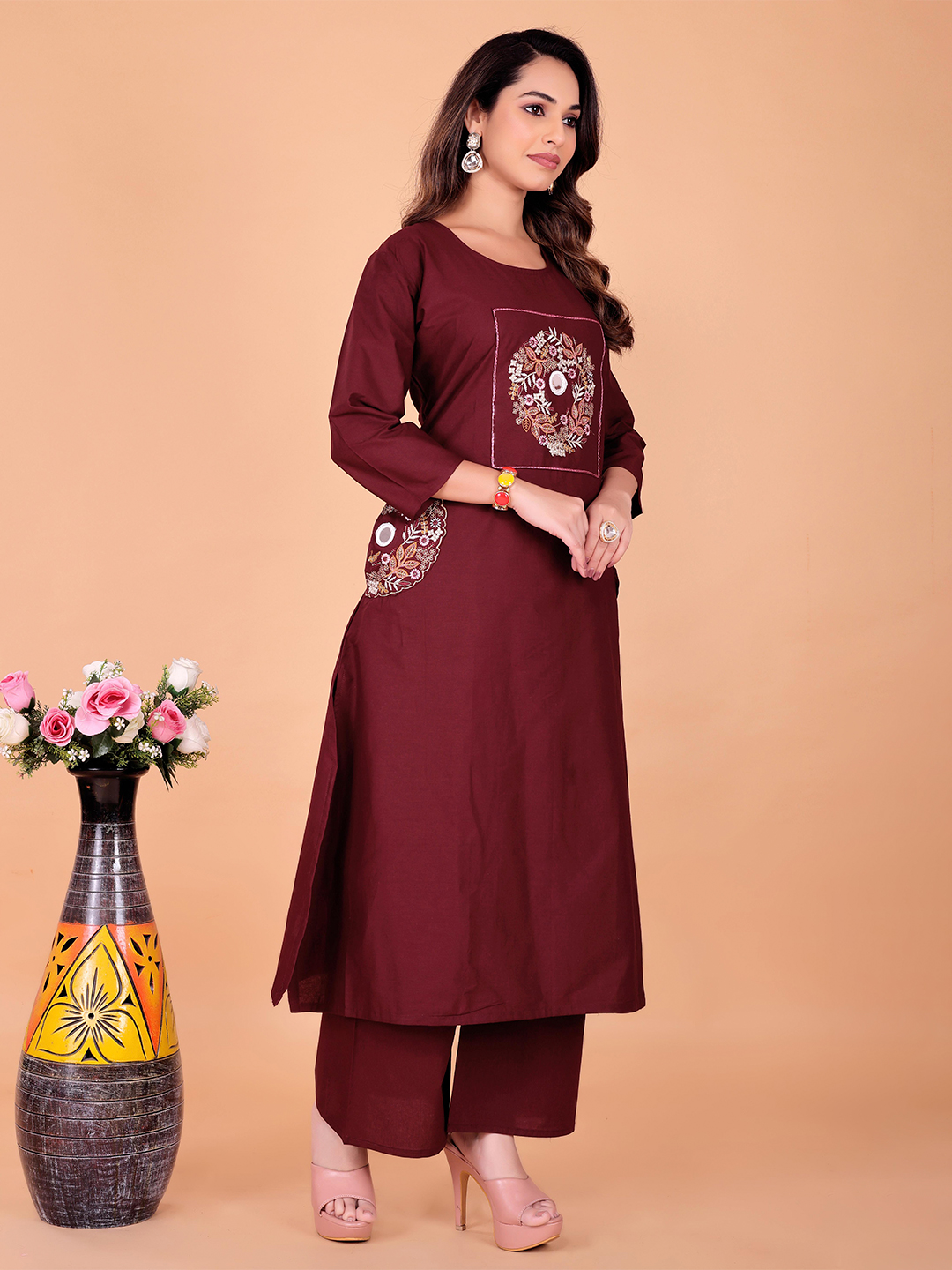 Surili Maroon Dabu Cotton Embroidered Kurta Palazzo Set for Women Traditional Ethnic and Daily Wear Set - Image 4