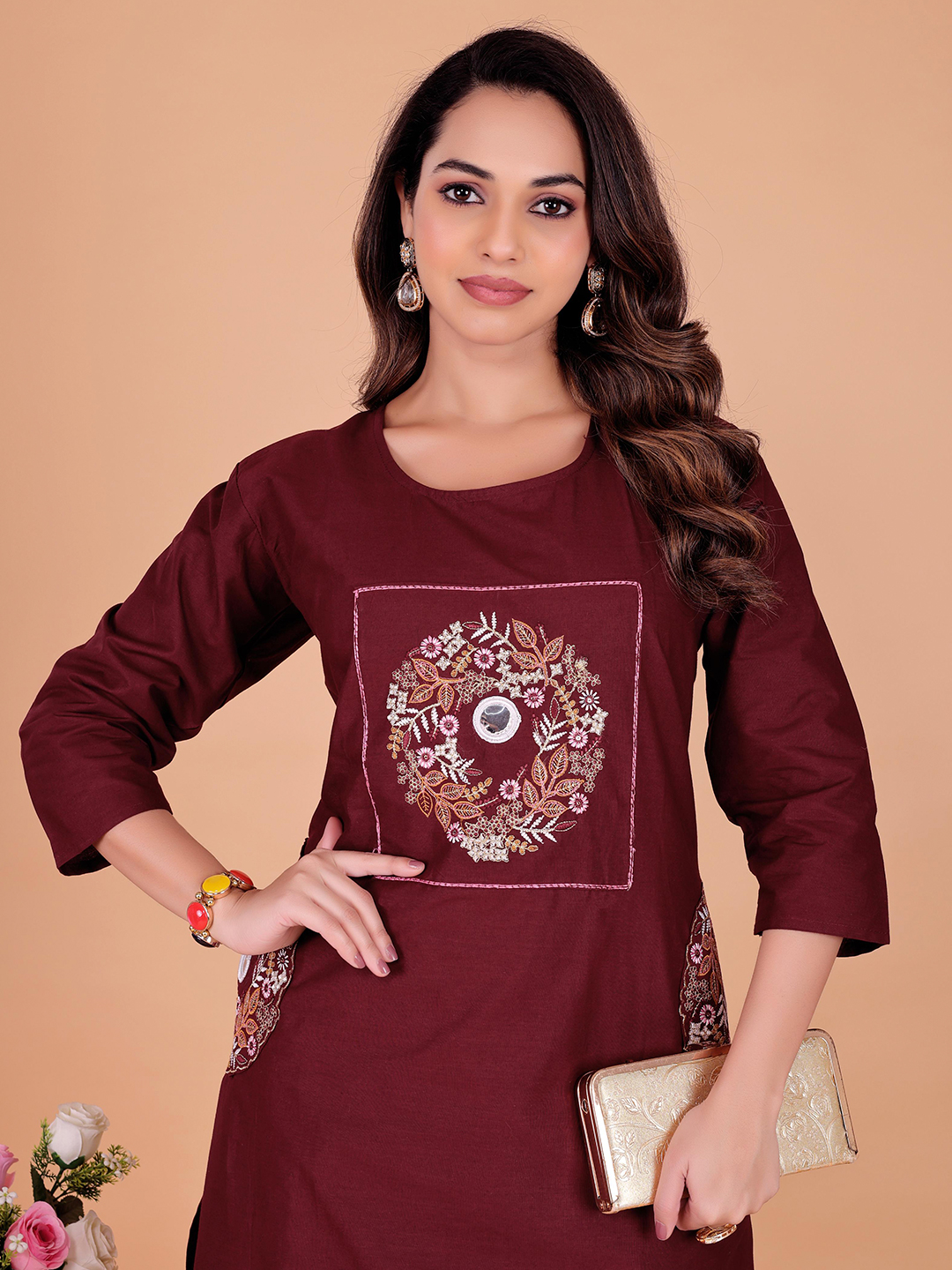 Surili Maroon Dabu Cotton Embroidered Kurta Palazzo Set for Women Traditional Ethnic and Daily Wear Set - Image 3