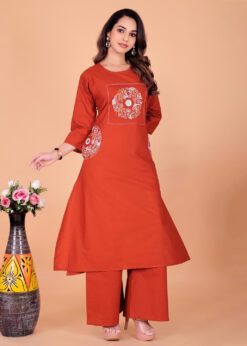 Alternative view of Surili Orange Dabu Cotton Embroidered Kurta Palazzo Set for Women Traditional Ethnic and Daily Wear Set