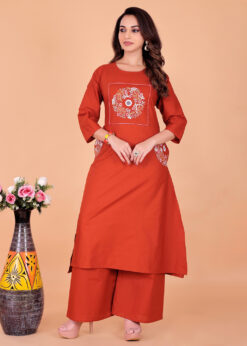 Surili Orange Dabu Cotton Embroidered Kurta Palazzo Set for Women Traditional Ethnic and Daily Wear Set