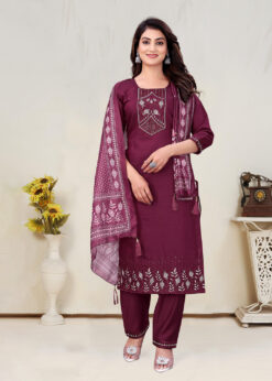Alternative view of Surili Maroon Vatican Cotton Embroidered Kurta Pant and Dupatta Set for Women Elegant Ethnic Wear Suit Festive Occasions