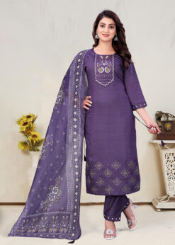 Surili Purple Vatican Cotton Embroidered Kurta Pant and Dupatta Set for Women Elegant Ethnic Festive Occasions