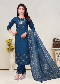 Alternative view of Surili Blue Vatican Cotton Embroidered Kurta Pant and Dupatta Set for Women Elegant Ethnic Wear Suit for Daily Office and Festive Occasions