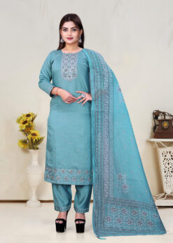 Surili Sky Blue Vatican Cotton Embroidered Kurta Pant and Dupatta Set for Women Elegant Ethnic Wear Suit