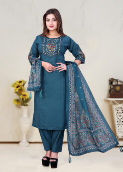Surili Turquoise Vatican Cotton Embroidered Kurta Pant and Dupatta Set for Women Elegant Ethnic Wear Suit