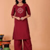 Surili Women's Maroon Roman Cotton Embroidery Kurta Palazzo Set