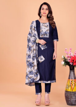 Alternative view of Surili Navy Blue Vatican Cotton Digital Print Kurta Pant and Dupatta Set for Women Elegant Ethnic Wear Suit for Daily Office and Festive Occasions