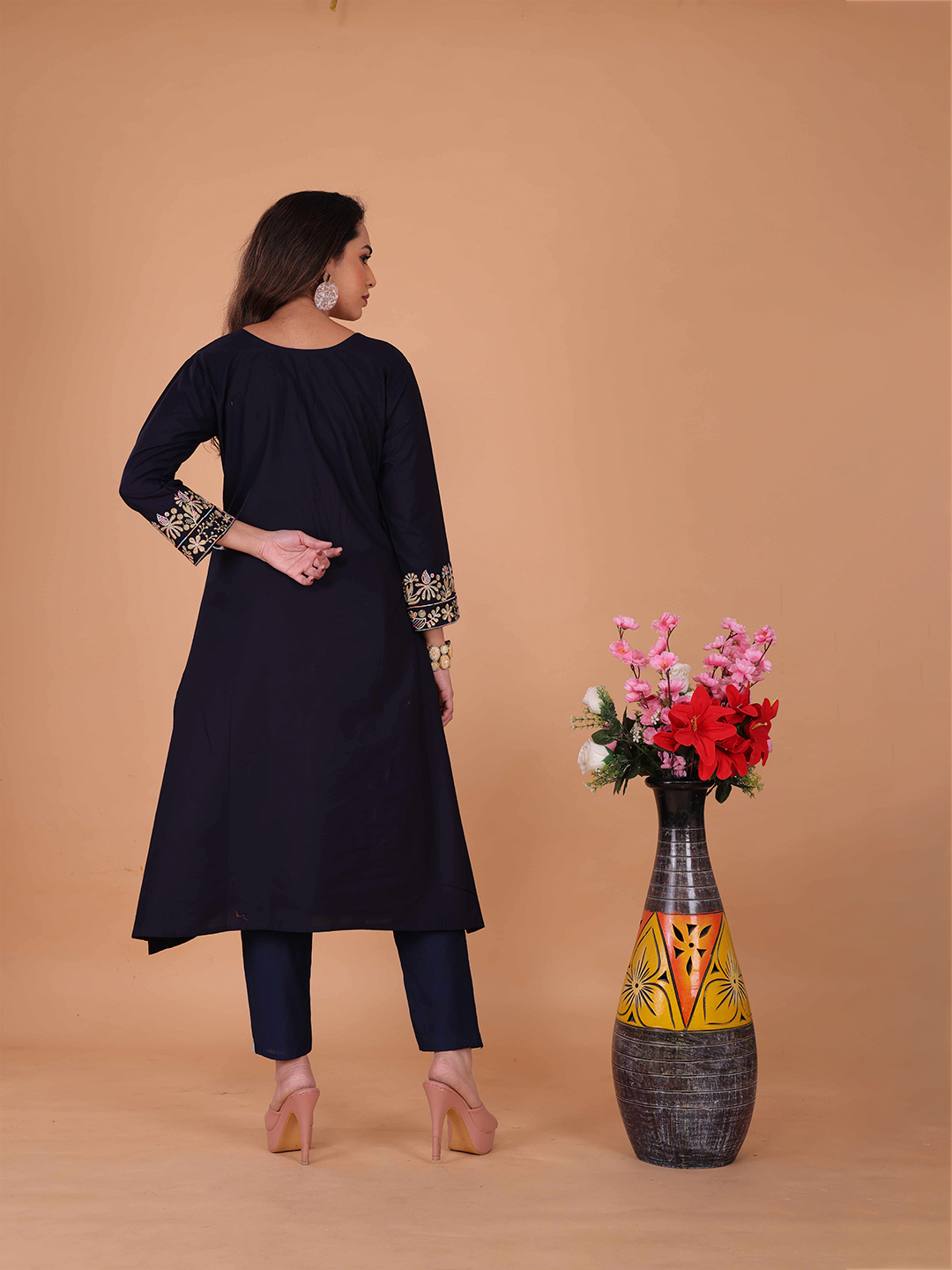 Surili Navy Blue Dabu Cotton Embroidered Kurta Palazzo Set for Women Traditional Ethnic and Daily Wear Set - Image 2