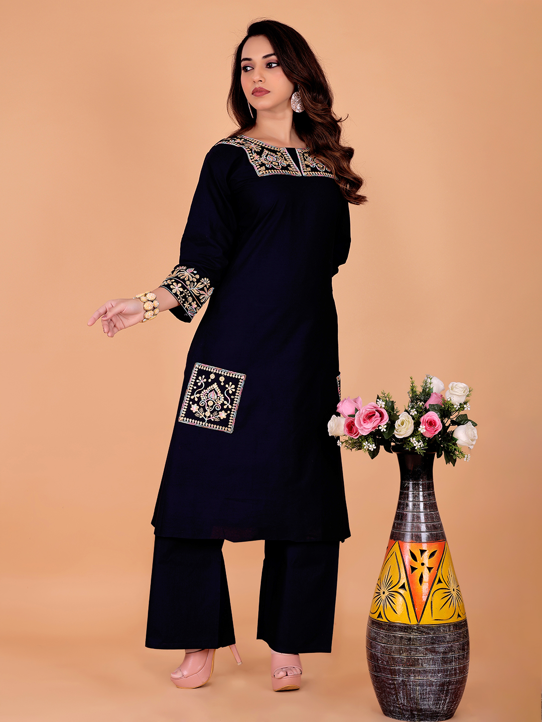 Surili Navy Blue Dabu Cotton Embroidered Kurta Palazzo Set for Women Traditional Ethnic and Daily Wear Set - Image 3