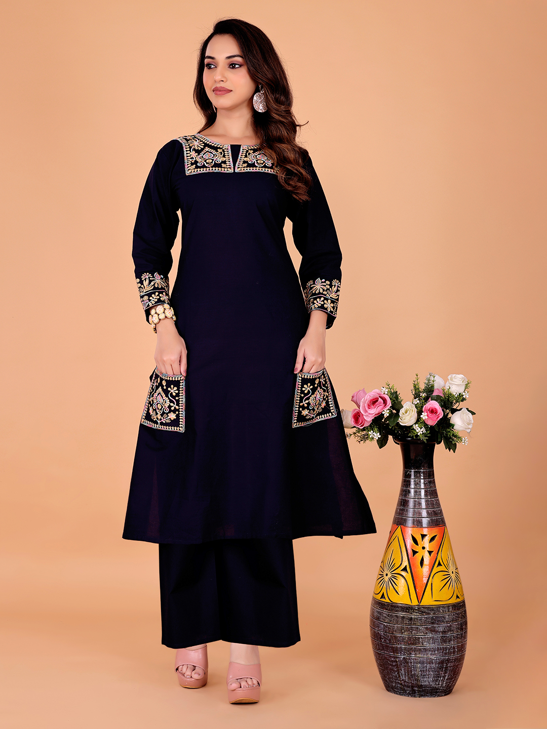 Surili Navy Blue Dabu Cotton Embroidered Kurta Palazzo Set for Women Traditional Ethnic and Daily Wear Set