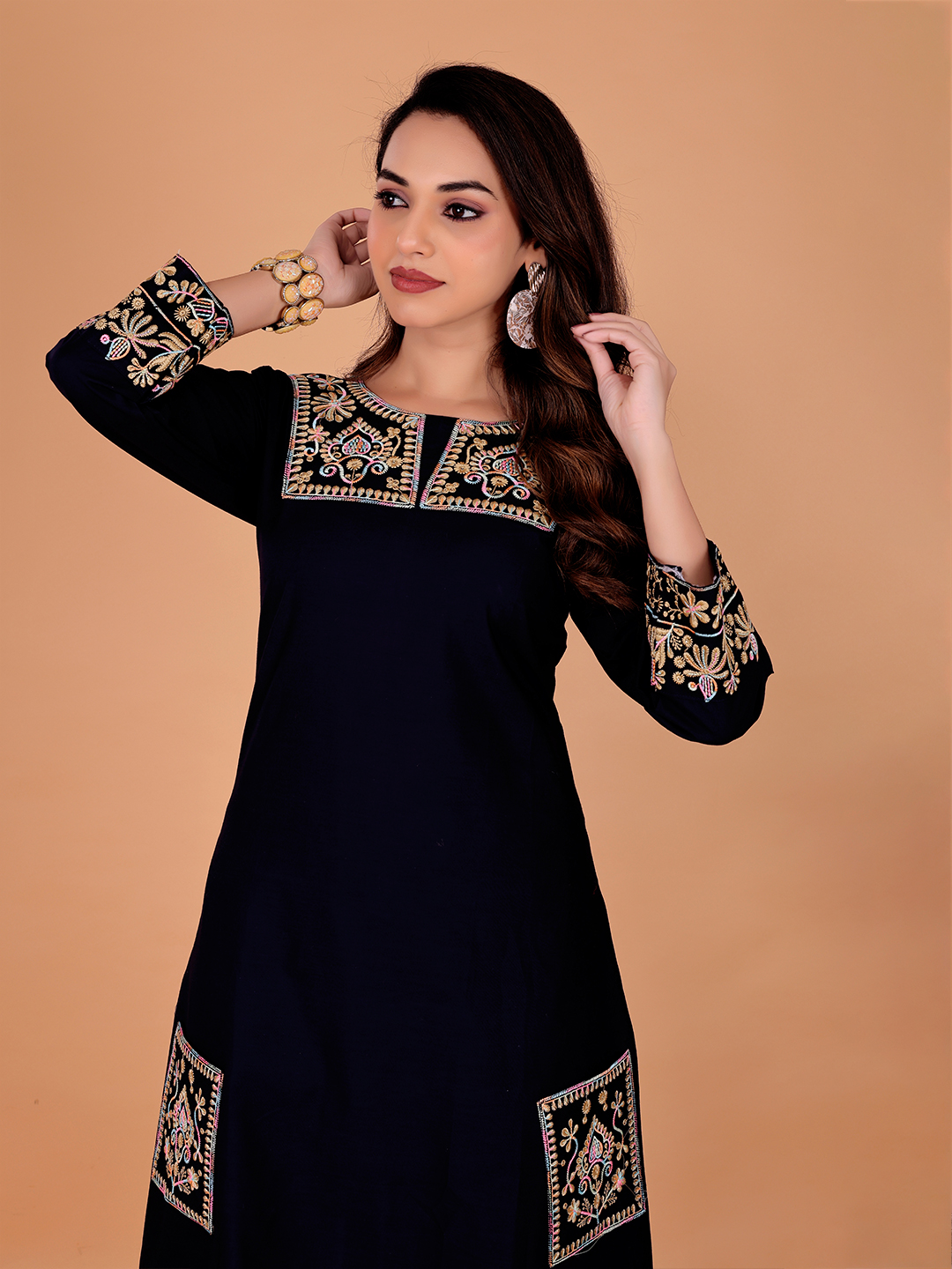 Surili Navy Blue Dabu Cotton Embroidered Kurta Palazzo Set for Women Traditional Ethnic and Daily Wear Set - Image 6