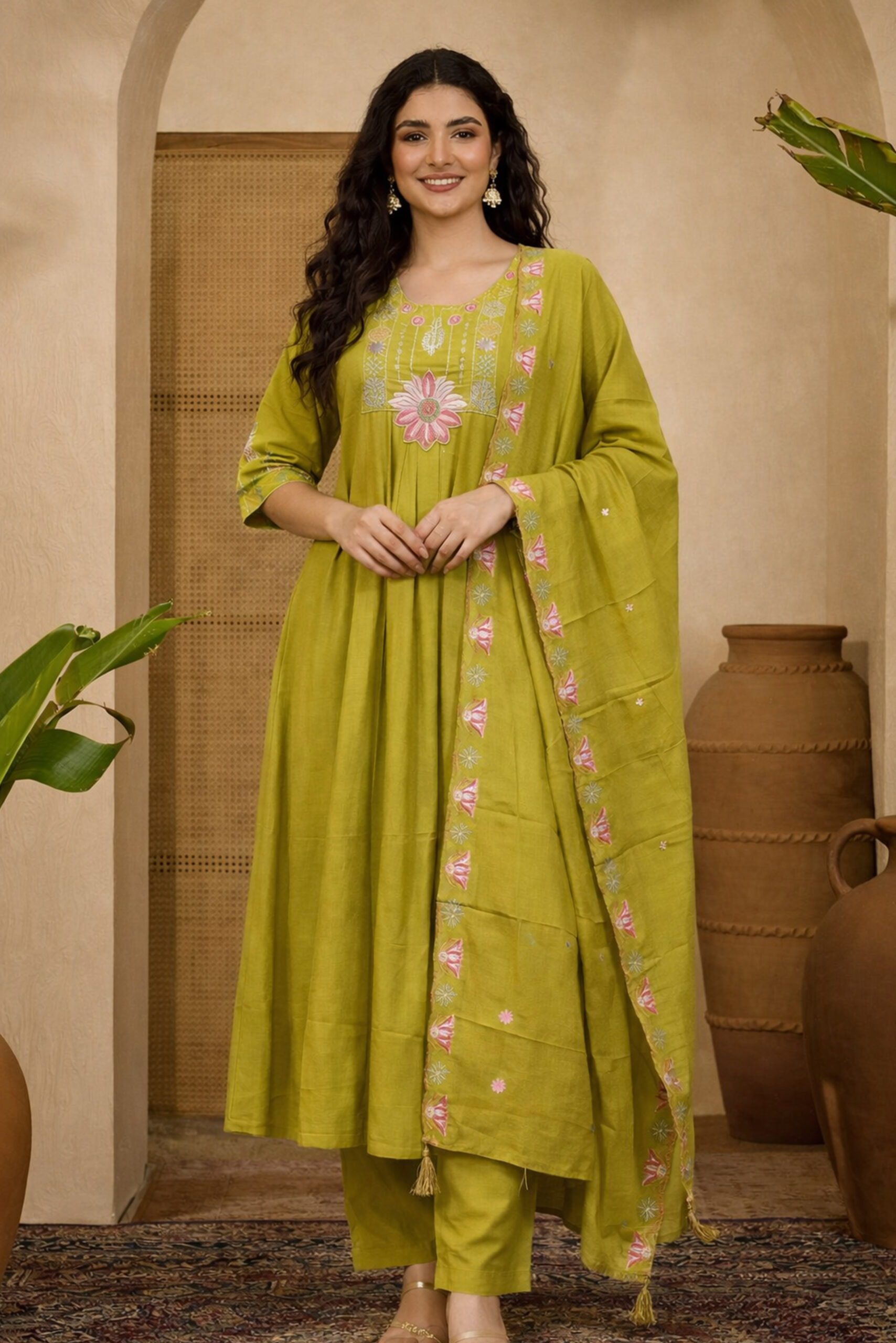 Surili Parrot Green Heay Roman Silk With Embroidery Work Embroidery Kurta Set - Image 2
