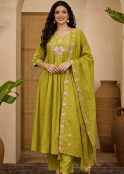 Surili Parrot Green Heay Roman Silk With Embroidery Work Embroidery  Kurta Set