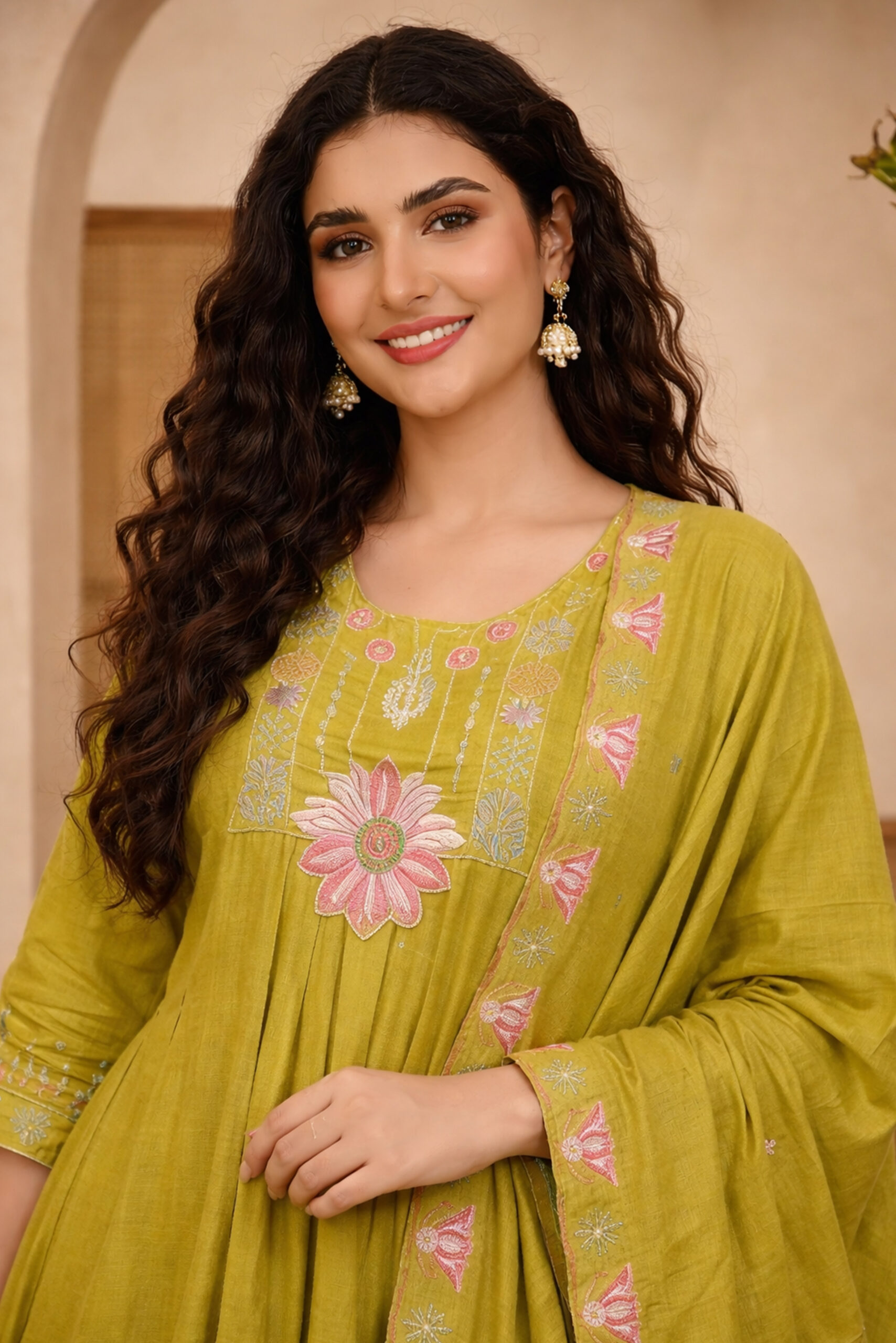 Surili Parrot Green Heay Roman Silk With Embroidery Work Embroidery Kurta Set - Image 4