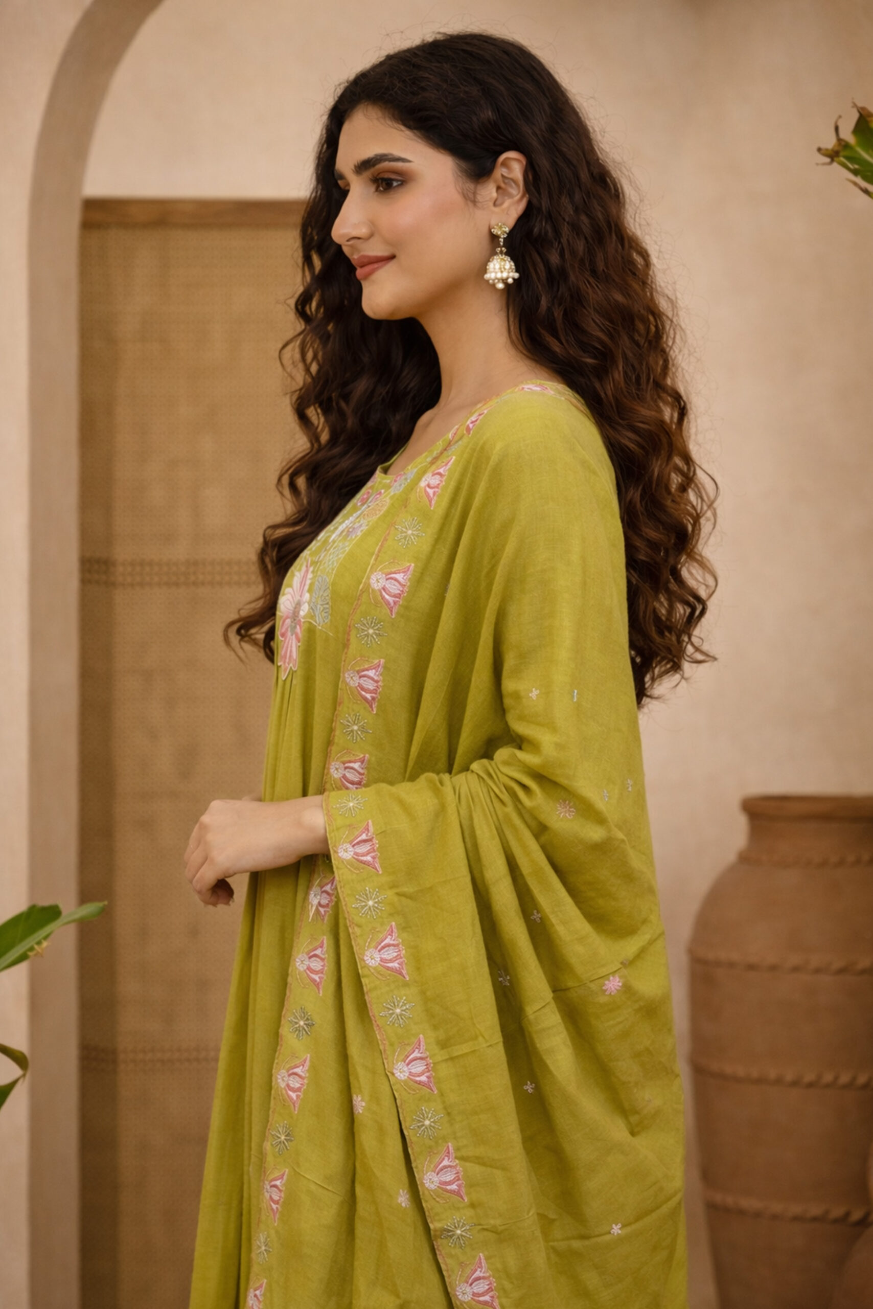 Surili Parrot Green Heay Roman Silk With Embroidery Work Embroidery Kurta Set - Image 5
