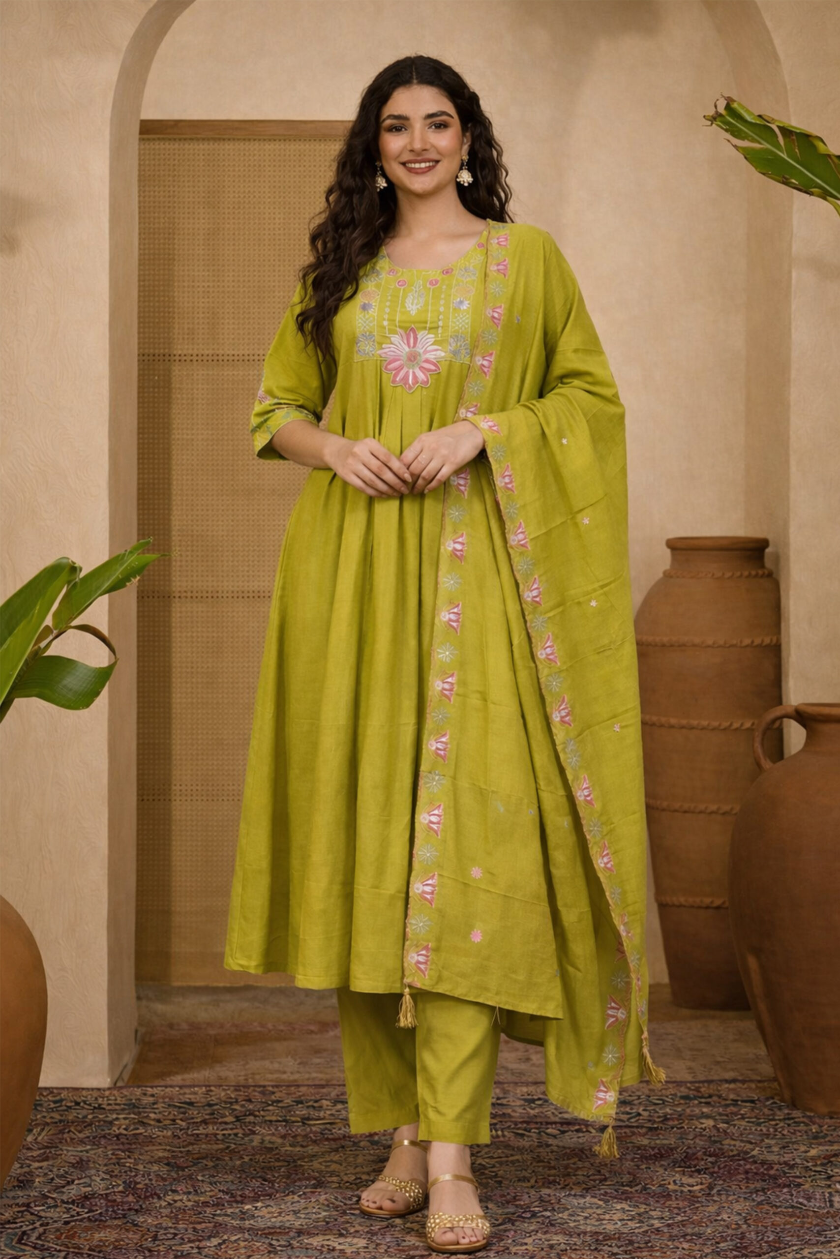 Surili Parrot Green Heay Roman Silk With Embroidery Work Embroidery Kurta Set - Image 3