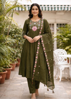 Alternative view of Surili Mehndi Green Heay Roman Silk With Embroidery Work Embroidery Kurta Set