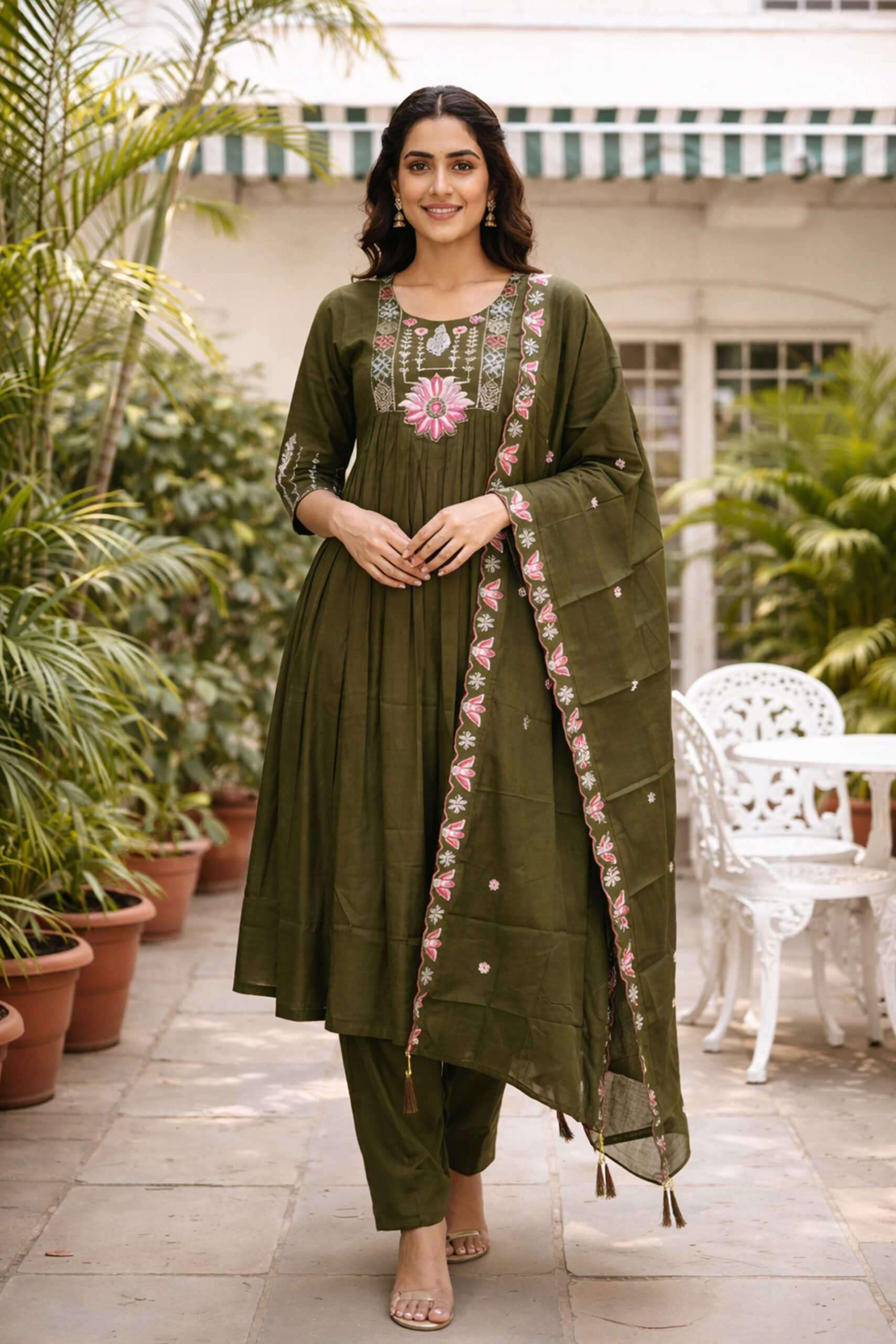 Surili Mehndi Green Heay Roman Silk With Embroidery Work Embroidery Kurta Set