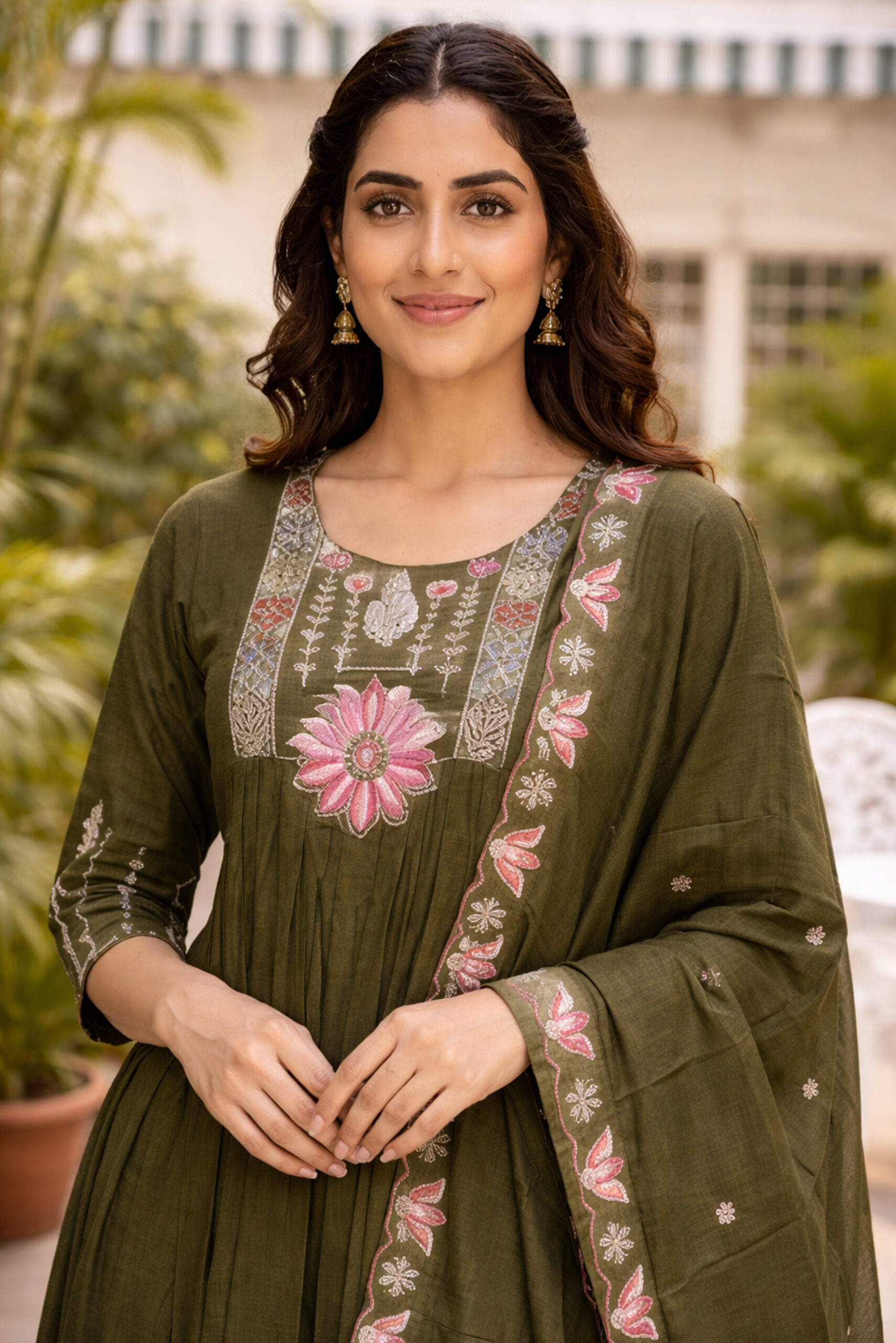 Surili Mehndi Green Heay Roman Silk With Embroidery Work Embroidery Kurta Set - Image 3